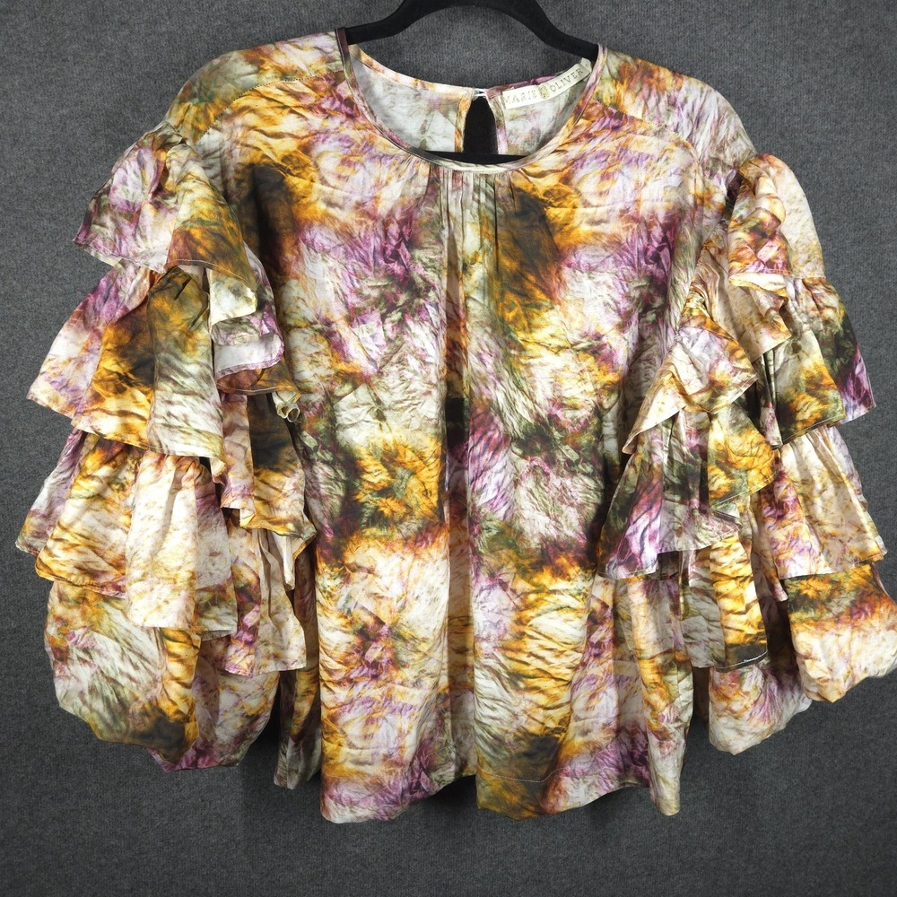 Marie Oliver Fern Blouse Silk Tie Die Ruffle Sleeve Womens Size Med